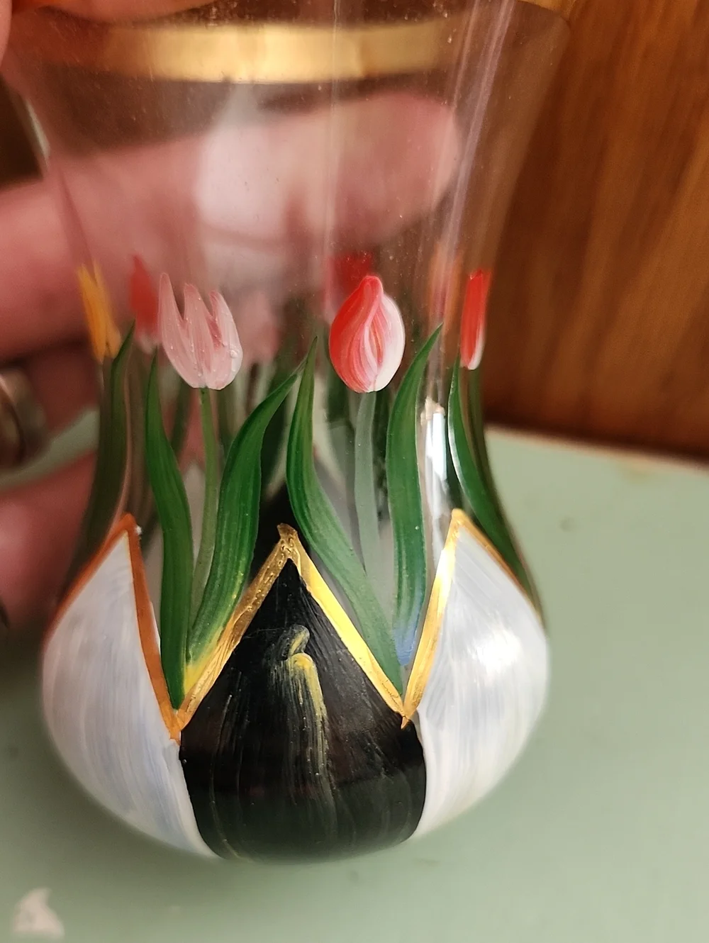 Mackenzie Childs Hand-Painted Tulip Tea Glass Vase with Gold Rim